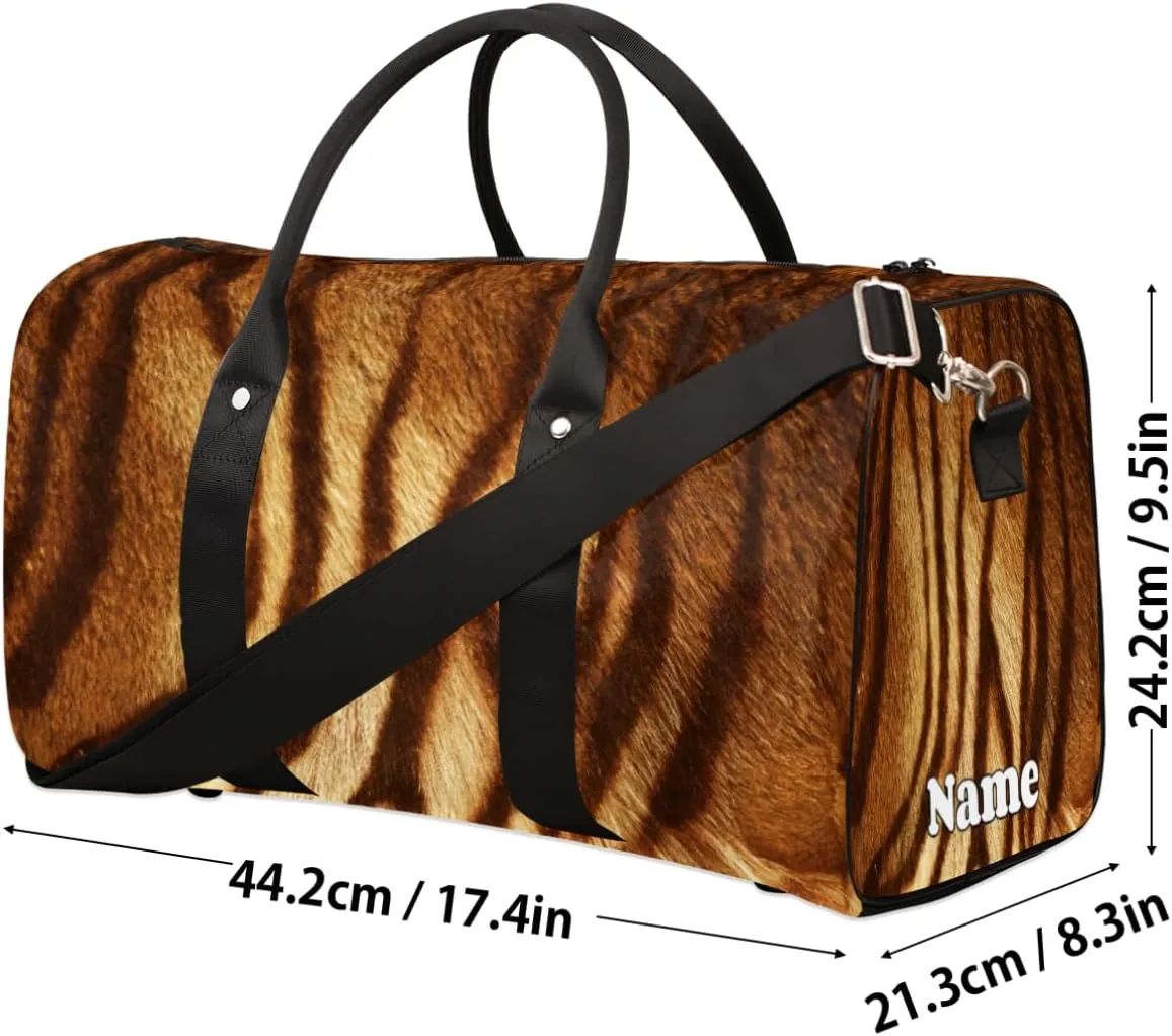 Sports Gym Duffel Bag Customized Name for Women & Men, Animal Skin Tiger Waterproof Tote Beach Bag Foldable Personal Item Travel Bag for Weekender Overnight Dance Carry-On Bag