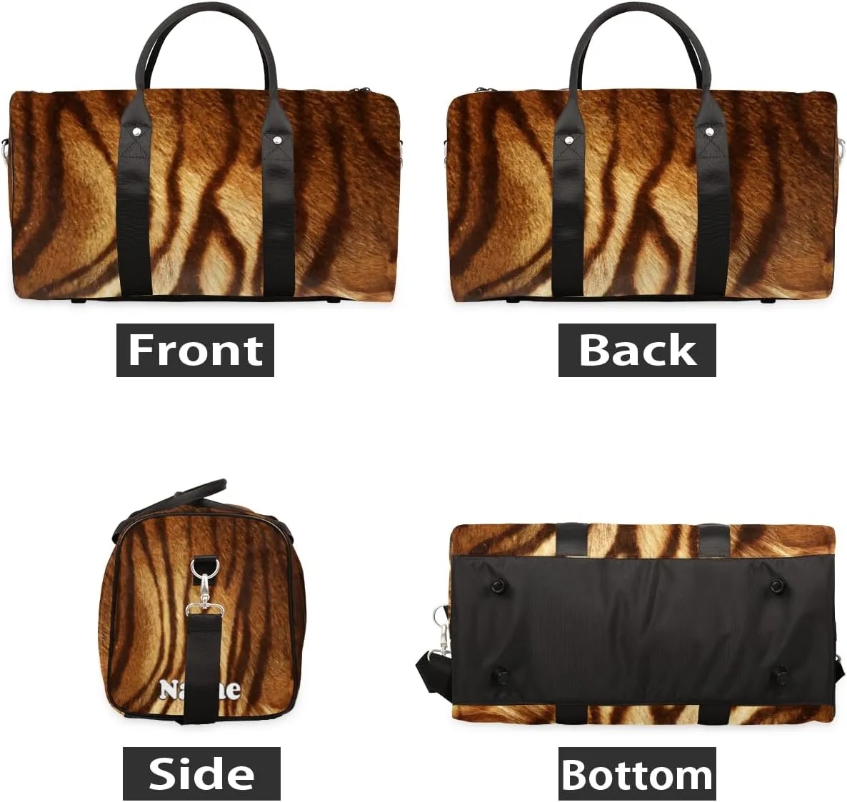 Sports Gym Duffel Bag Customized Name for Women & Men, Animal Skin Tiger Waterproof Tote Beach Bag Foldable Personal Item Travel Bag for Weekender Overnight Dance Carry-On Bag