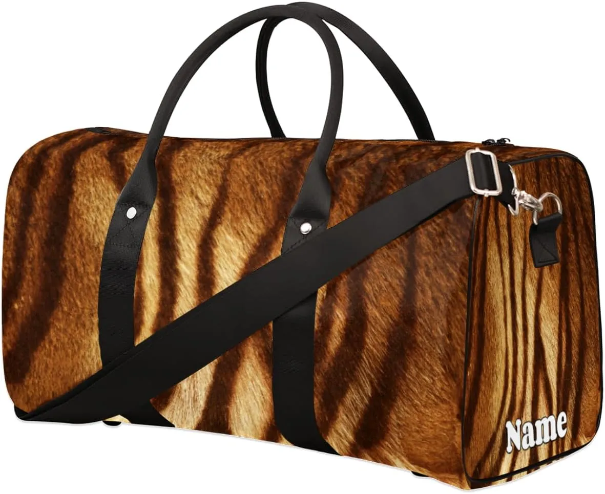 Sports Gym Duffel Bag Customized Name for Women & Men, Animal Skin Tiger Waterproof Tote Beach Bag Foldable Personal Item Travel Bag for Weekender Overnight Dance Carry-On Bag