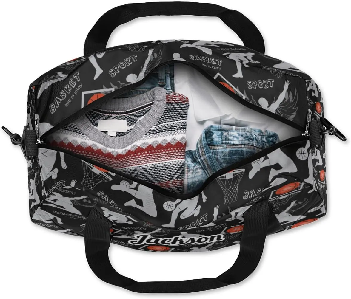 Sports Play Basketball Pattern Custom Name Kids Duffel Bags Personalized Customized Sports Gym Bag Girls Dance Bag Tote Overnight Weekender Sleepover Carry On Travel Bag for Boys Girls