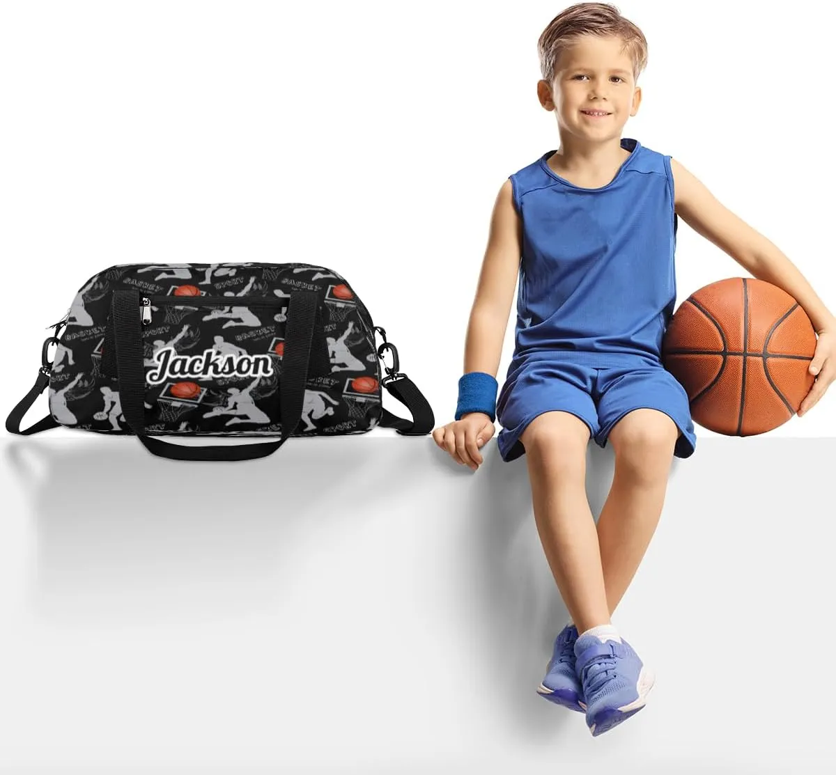 Sports Play Basketball Pattern Custom Name Kids Duffel Bags Personalized Customized Sports Gym Bag Girls Dance Bag Tote Overnight Weekender Sleepover Carry On Travel Bag for Boys Girls