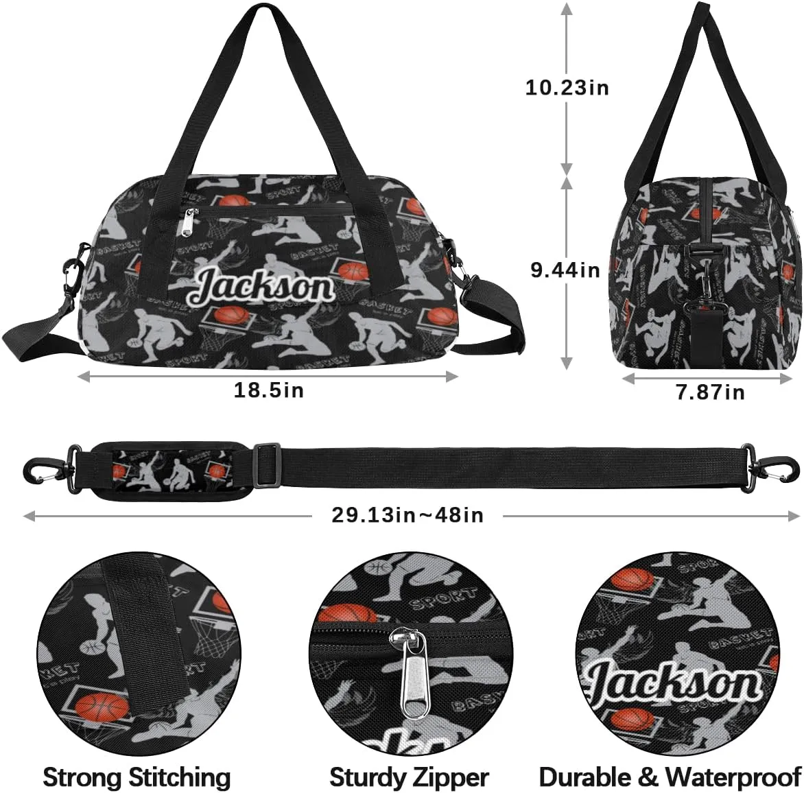 Sports Play Basketball Pattern Custom Name Kids Duffel Bags Personalized Customized Sports Gym Bag Girls Dance Bag Tote Overnight Weekender Sleepover Carry On Travel Bag for Boys Girls