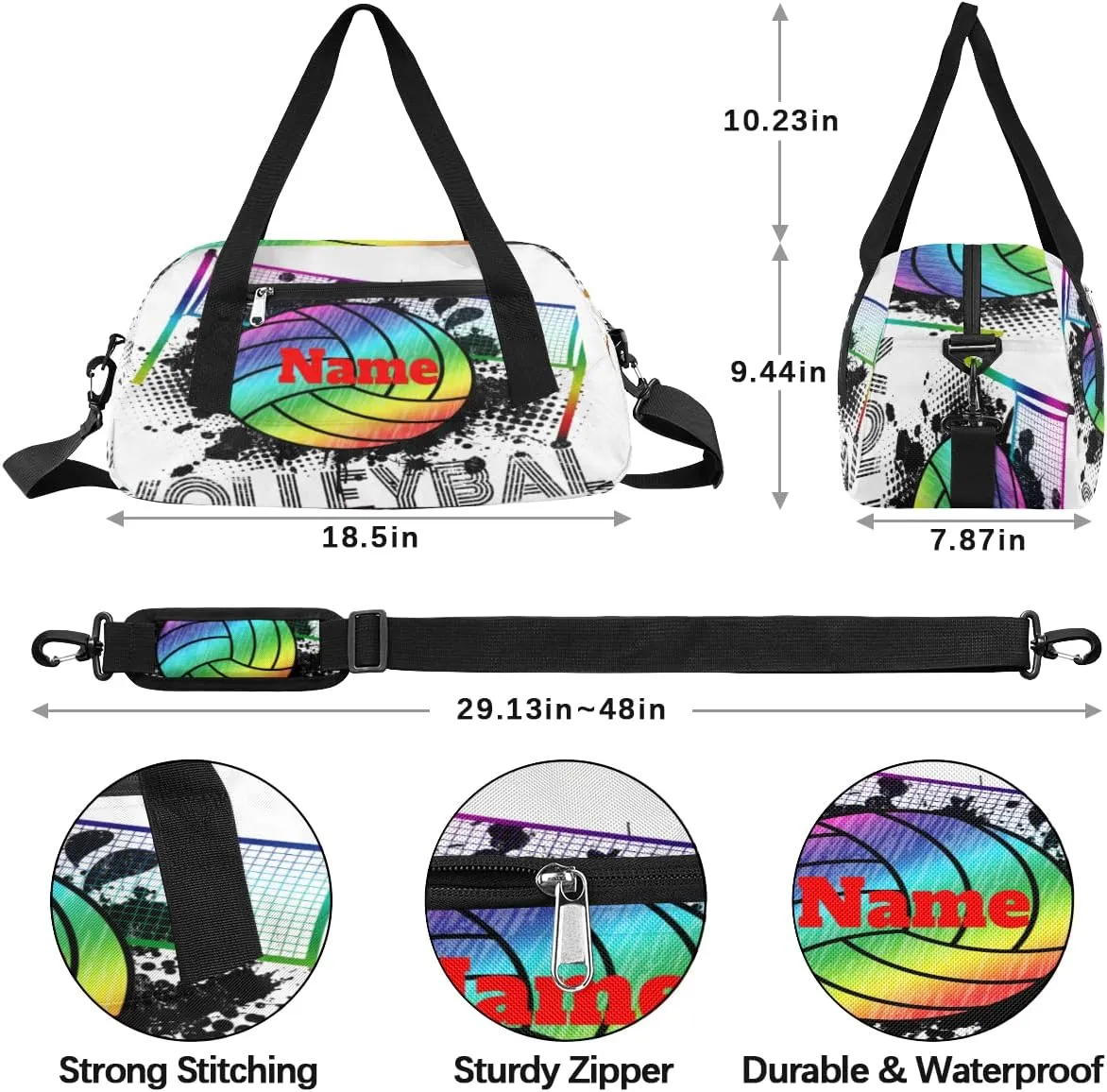 Sports Rainbow Volleyball Custom Name Kids Duffel Bags Personalized Customized Gifts Sports Gym Bag Girls Dance Bag Overnight Weekender Sleepover Carry On Travel Tote Bag for Boys Girls