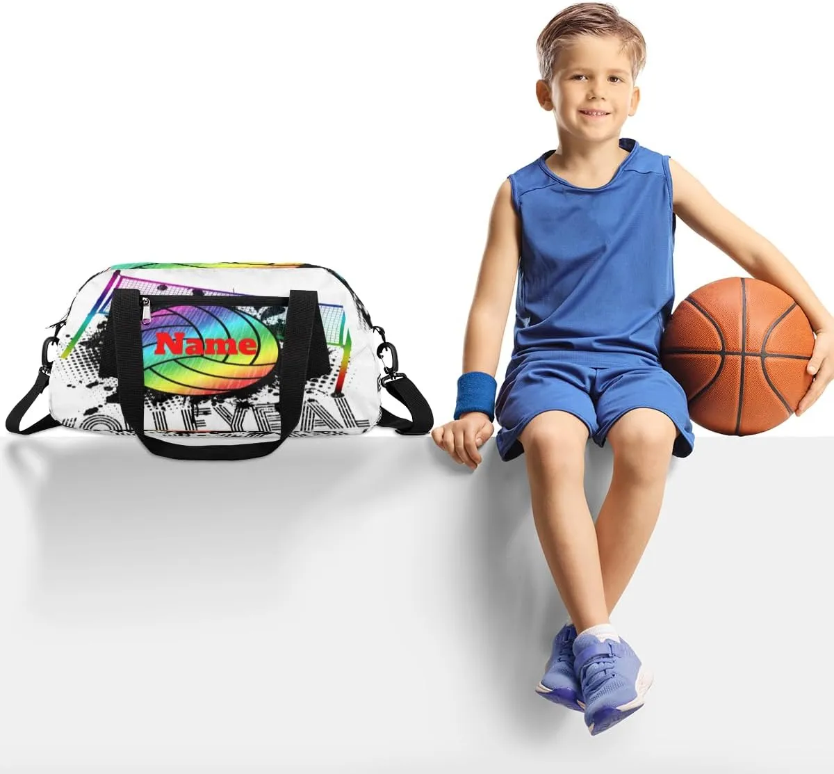 Sports Rainbow Volleyball Custom Name Kids Duffel Bags Personalized Customized Gifts Sports Gym Bag Girls Dance Bag Overnight Weekender Sleepover Carry On Travel Tote Bag for Boys Girls