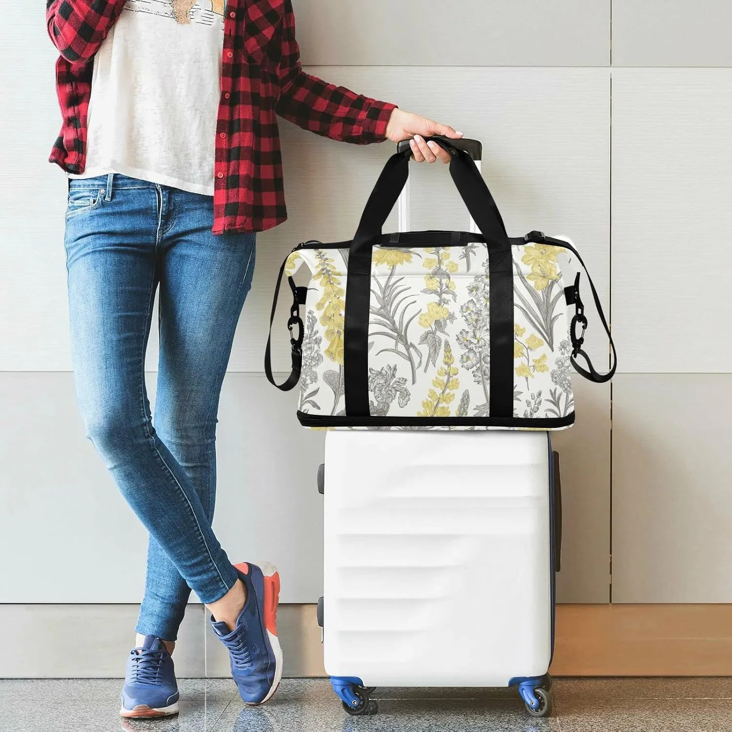 Spring and Summer Garden Flowers Yellow and Gray Style on White Gym Duffel Bag, Polyester Travel Weekender Luggage Handbag with Waterproof Pocket for Wet Items, Unisex Foldable Tote for Sports