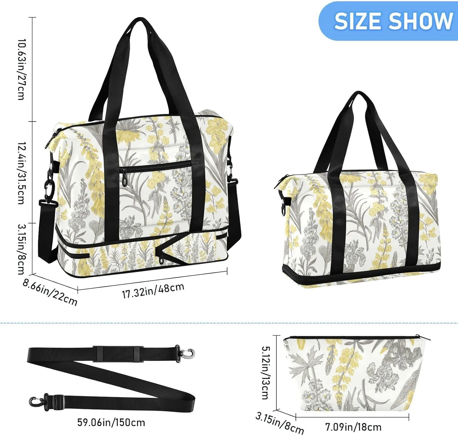 Spring and Summer Garden Flowers Yellow and Gray Style on White Gym Duffel Bag, Polyester Travel Weekender Luggage Handbag with Waterproof Pocket for Wet Items, Unisex Foldable Tote for Sports