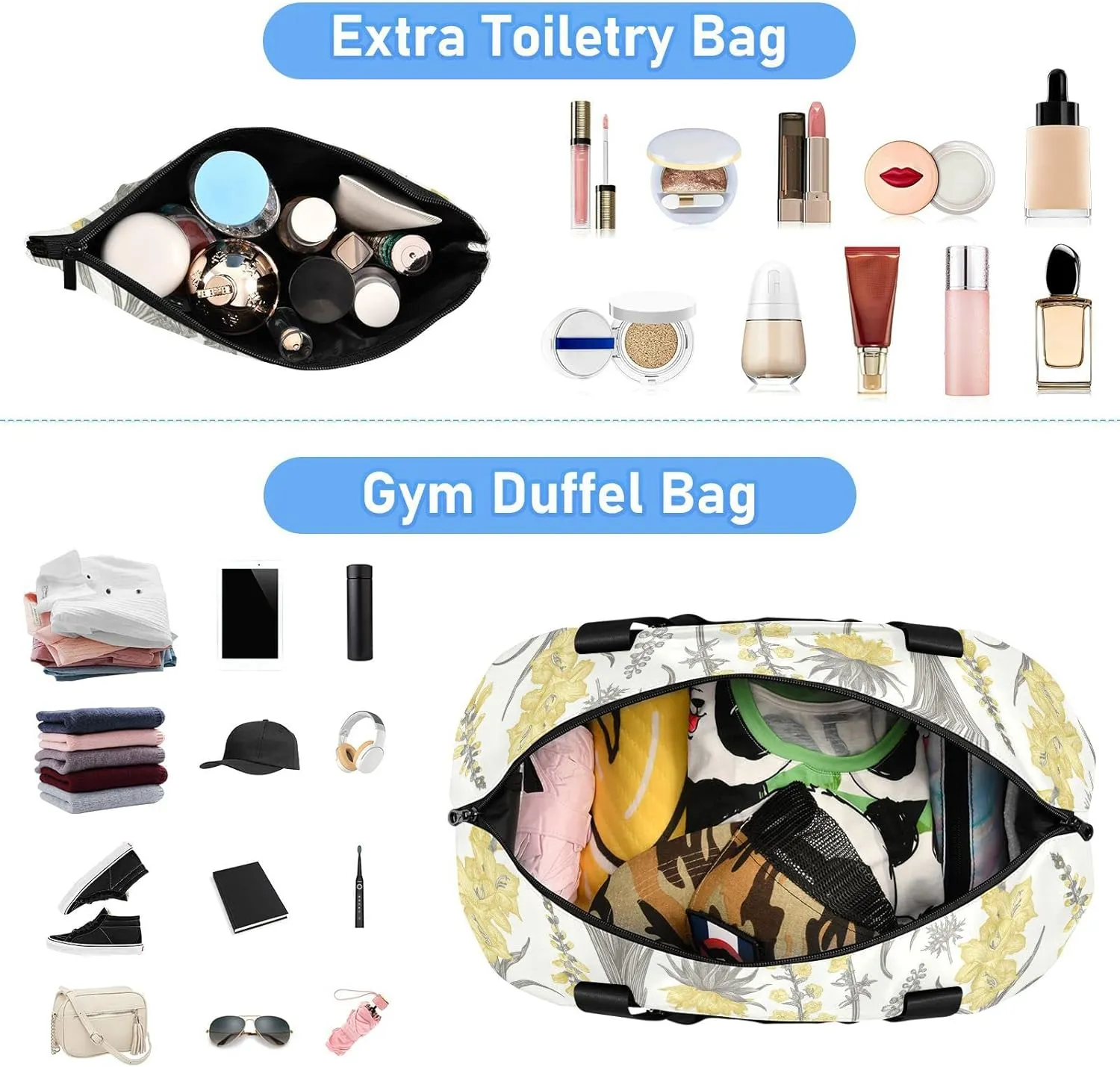 Spring and Summer Garden Flowers Yellow and Gray Style on White Gym Duffel Bag, Polyester Travel Weekender Luggage Handbag with Waterproof Pocket for Wet Items, Unisex Foldable Tote for Sports