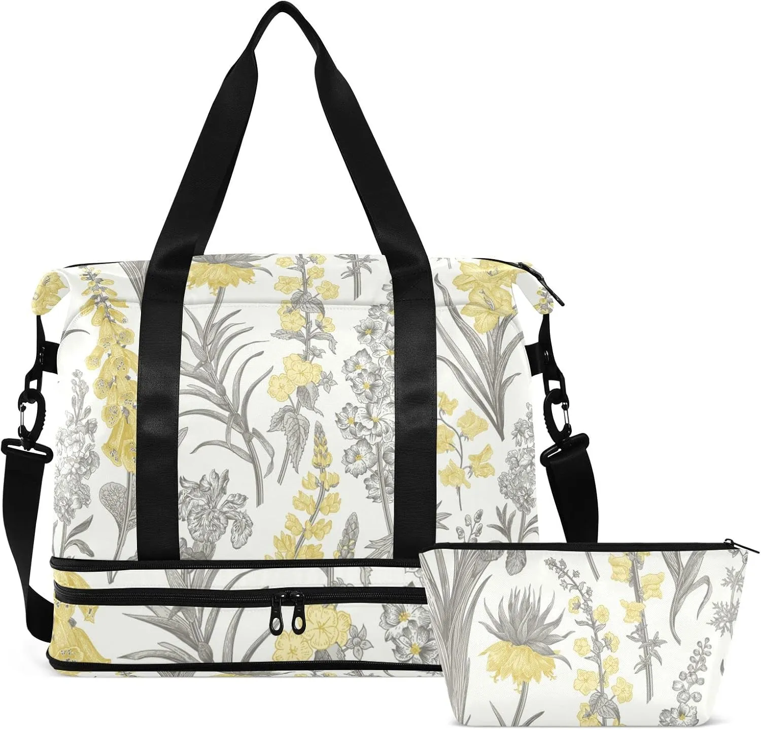 Spring and Summer Garden Flowers Yellow and Gray Style on White Gym Duffel Bag, Polyester Travel Weekender Luggage Handbag with Waterproof Pocket for Wet Items, Unisex Foldable Tote for Sports