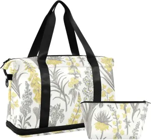 Spring and Summer Garden Flowers Yellow and Gray Style on White Gym Duffel Bag, Polyester Travel Weekender Luggage Handbag with Waterproof Pocket for Wet Items, Unisex Foldable Tote for Sports
