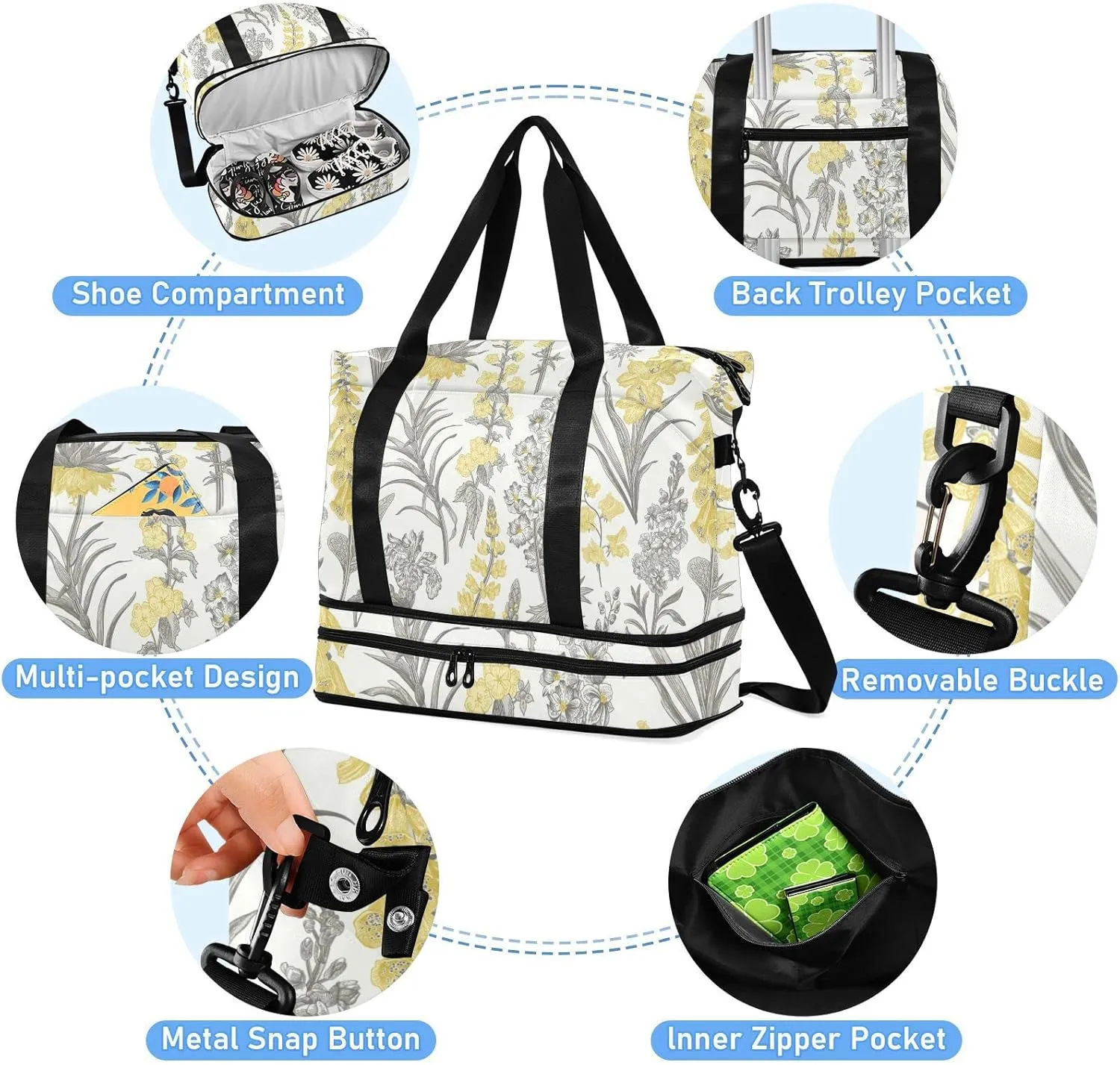 Spring and Summer Garden Flowers Yellow and Gray Style on White Gym Duffel Bag, Polyester Travel Weekender Luggage Handbag with Waterproof Pocket for Wet Items, Unisex Foldable Tote for Sports