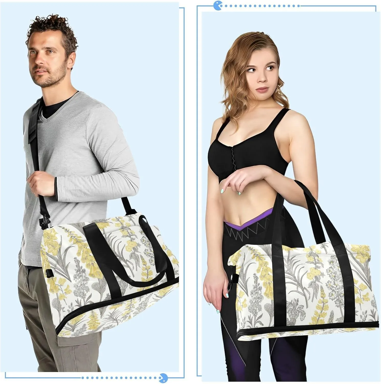 Spring and Summer Garden Flowers Yellow and Gray Style on White Gym Duffel Bag, Polyester Travel Weekender Luggage Handbag with Waterproof Pocket for Wet Items, Unisex Foldable Tote for Sports