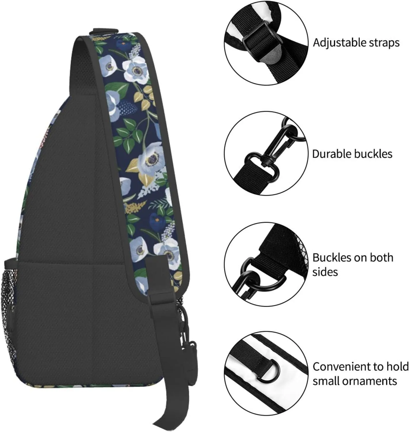 Spring Flower Navy Floral Sling Bag for Men Women Crossbody Backpack Travel Hiking Daypack Shoulder Chest Bag with Adjustable Strap