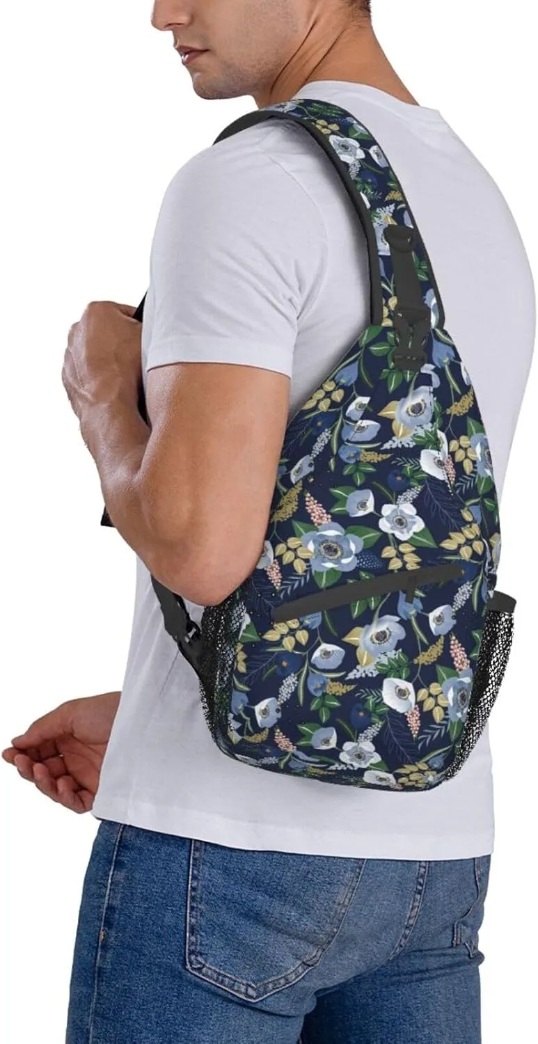 Spring Flower Navy Floral Sling Bag for Men Women Crossbody Backpack Travel Hiking Daypack Shoulder Chest Bag with Adjustable Strap