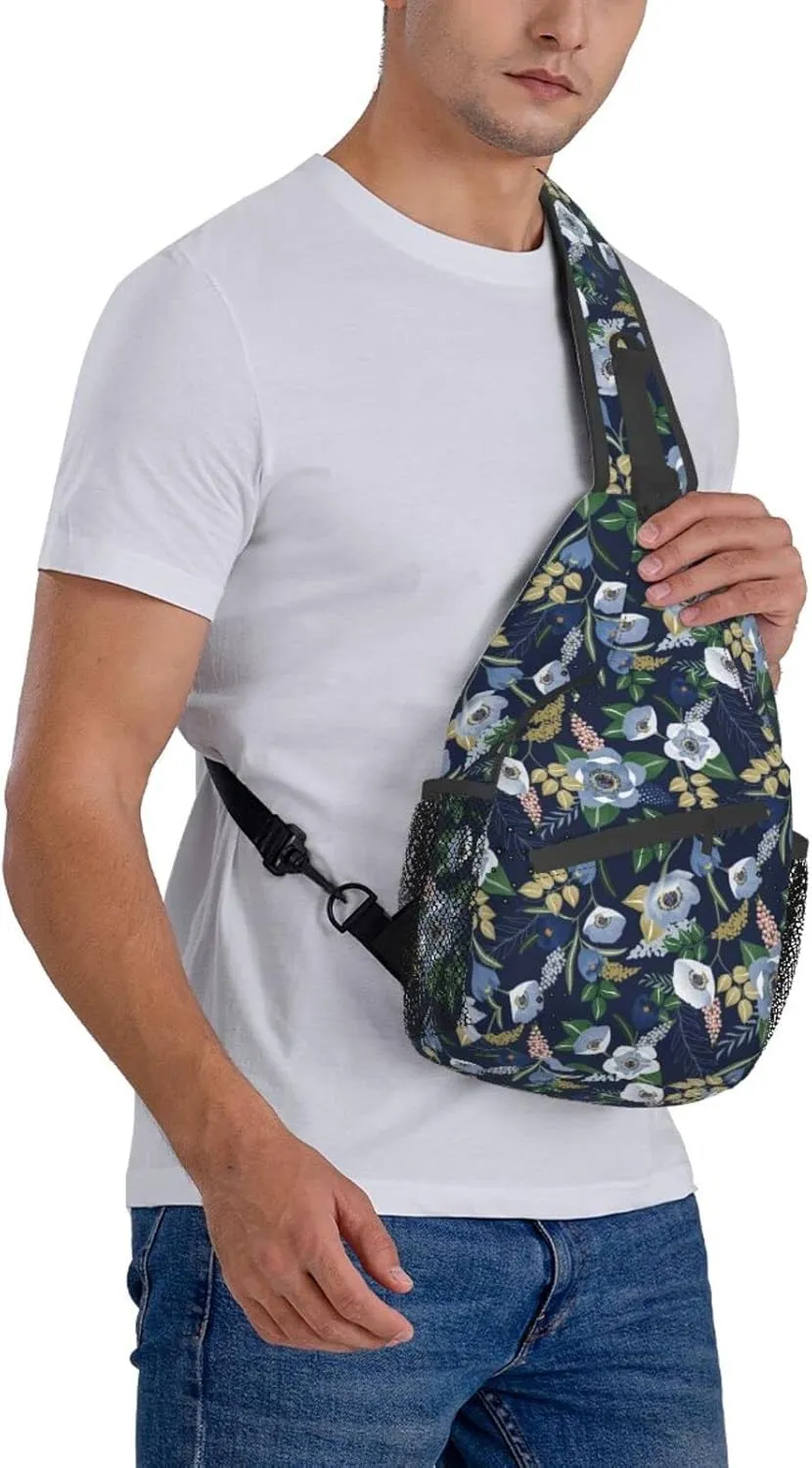 Spring Flower Navy Floral Sling Bag for Men Women Crossbody Backpack Travel Hiking Daypack Shoulder Chest Bag with Adjustable Strap