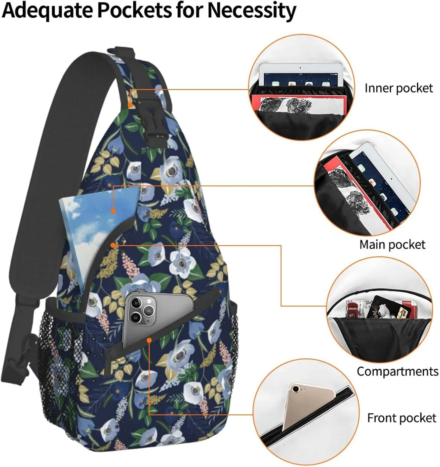Spring Flower Navy Floral Sling Bag for Men Women Crossbody Backpack Travel Hiking Daypack Shoulder Chest Bag with Adjustable Strap