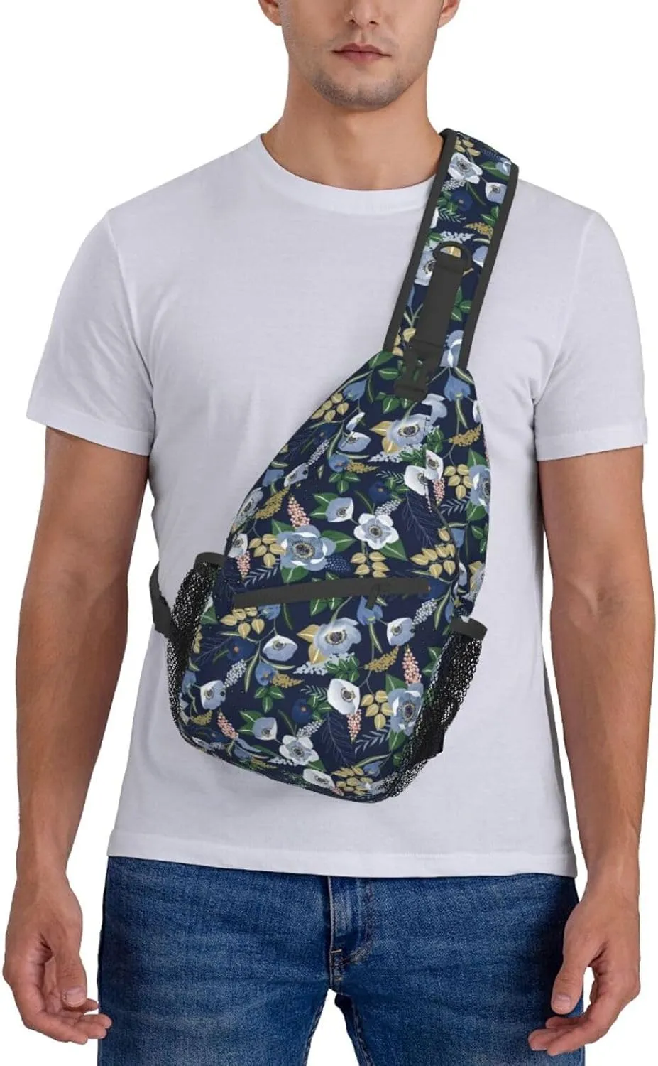Spring Flower Navy Floral Sling Bag for Men Women Crossbody Backpack Travel Hiking Daypack Shoulder Chest Bag with Adjustable Strap