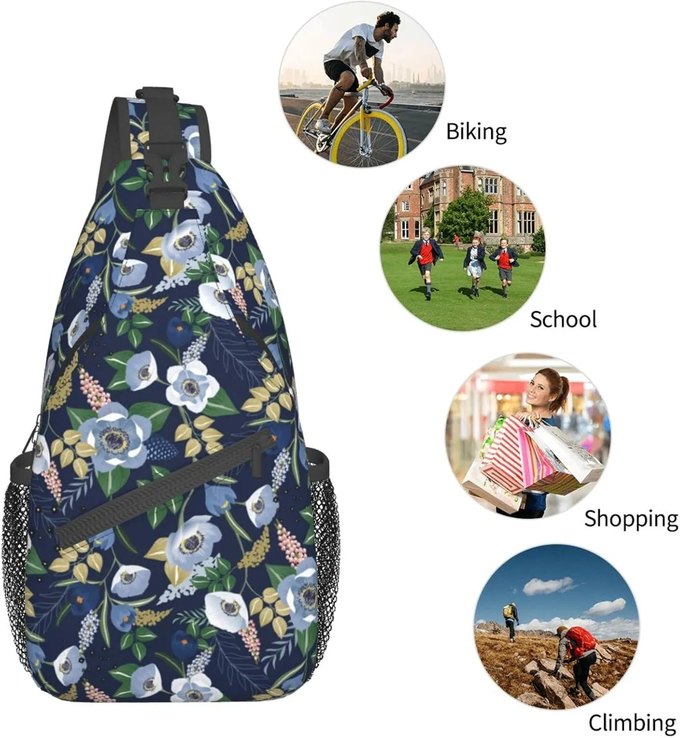 Spring Flower Navy Floral Sling Bag for Men Women Crossbody Backpack Travel Hiking Daypack Shoulder Chest Bag with Adjustable Strap