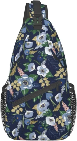 Spring Flower Navy Floral Sling Bag for Men Women Crossbody Backpack Travel Hiking Daypack Shoulder Chest Bag with Adjustable Strap