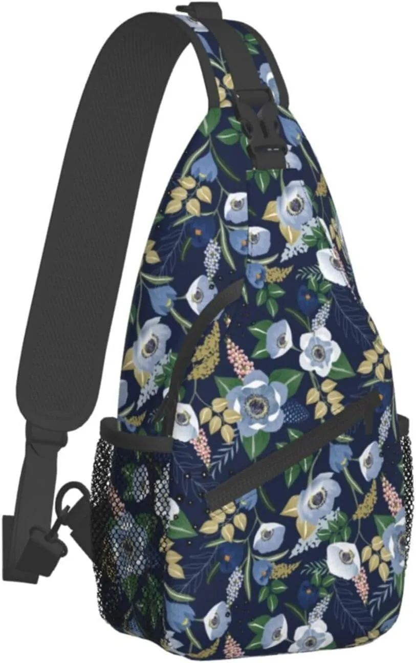 Spring Flower Navy Floral Sling Bag for Men Women Crossbody Backpack Travel Hiking Daypack Shoulder Chest Bag with Adjustable Strap