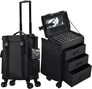 Stagiant Rolling Makeup Case Cosmetology Case on Wheels 4 in 1 Makeup Artist Travel Case Extra Large 3 Drawers Professional Train Storage Nail Cart Toiletry Organize Salon Traveling Nylon Black