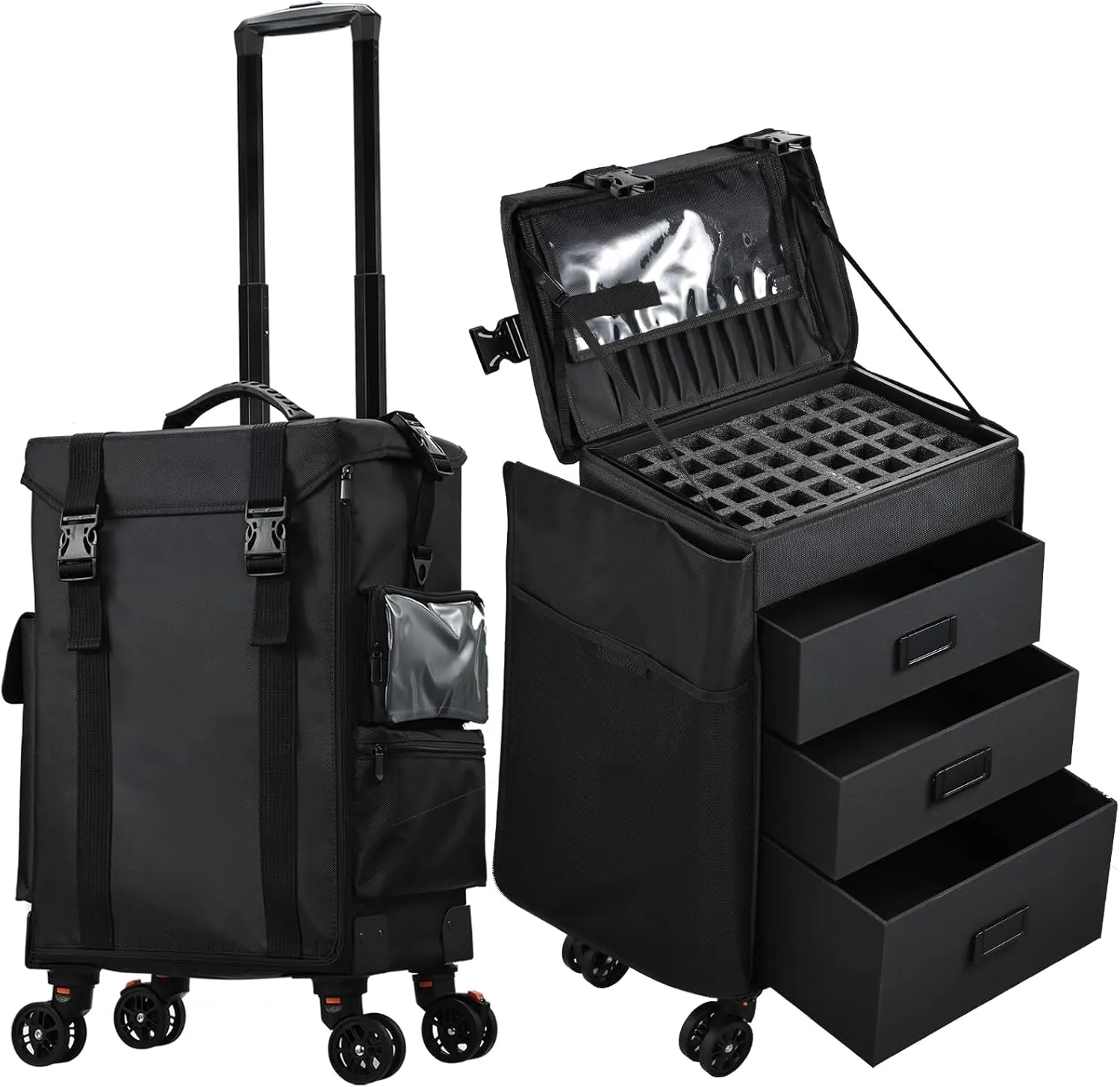 Stagiant Rolling Makeup Case Cosmetology Case on Wheels 4 in 1 Makeup Artist Travel Case Extra Large 3 Drawers Professional Train Storage Nail Cart Toiletry Organize Salon Traveling Nylon Black