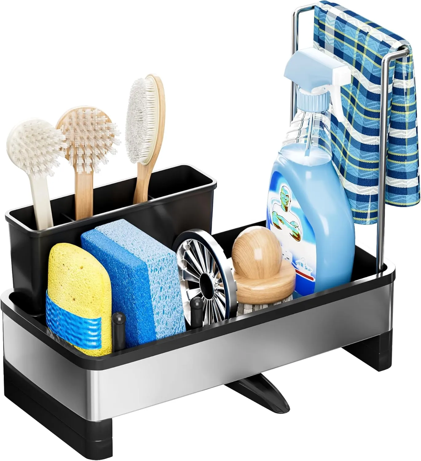 Stainless Steel Sink Caddy, Sponge Holder for Kitchen Sink with Brush Holder & Dishcloth Rack, Rustproof Sink Organizer Countertop, Soap Dispenser Kitchen Organizers Storage Essentials, Black