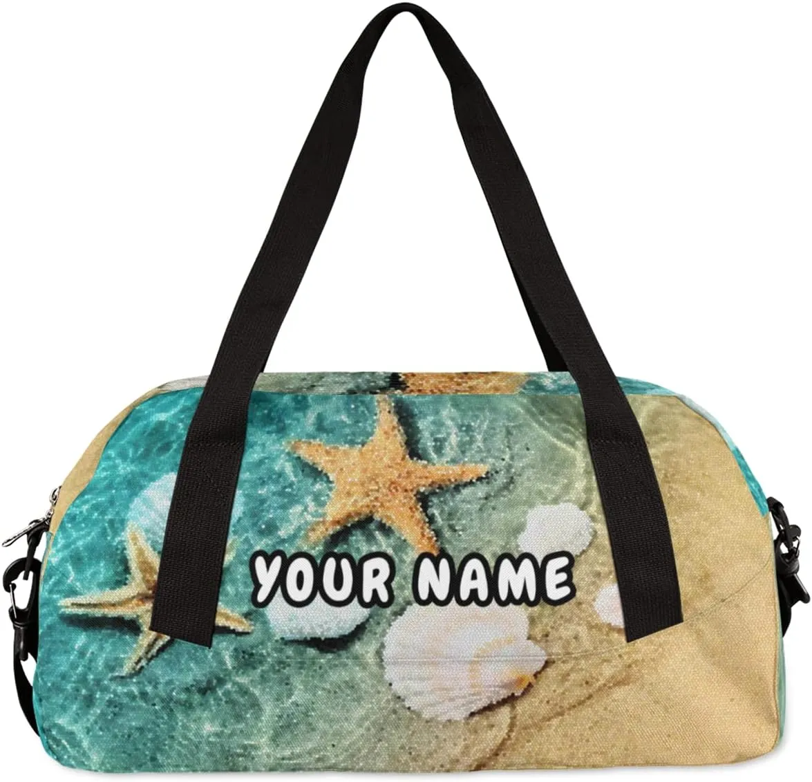 Starfish Seashell Personalized Kids Duffel Bag for Girls Boys, Beach Customized Name Dance Bag Overnight Small Duffel Bag Carry On Weekend Travel Bag for School Practice Gymnastics Ballet