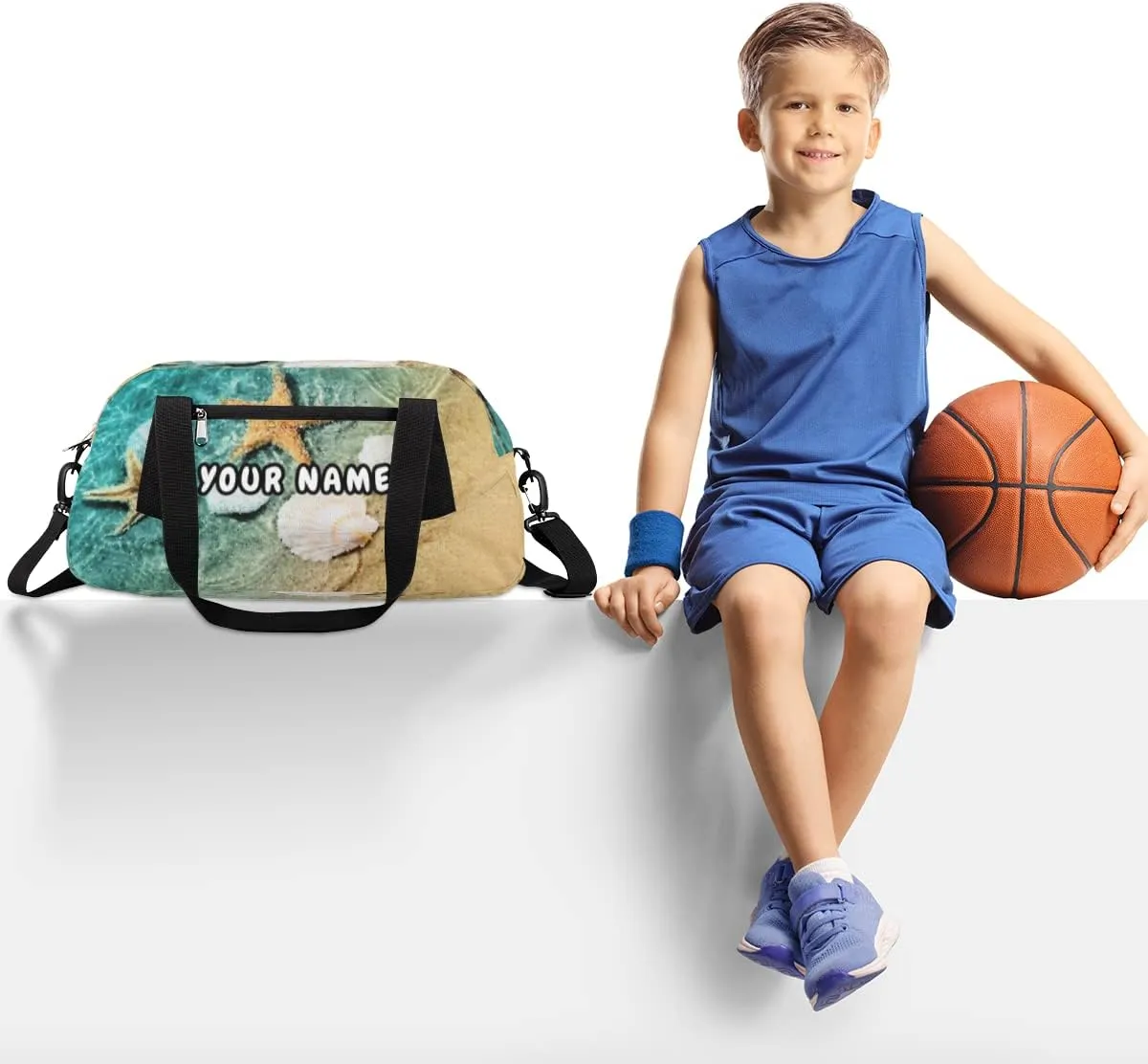 Starfish Seashell Personalized Kids Duffel Bag for Girls Boys, Beach Customized Name Dance Bag Overnight Small Duffel Bag Carry On Weekend Travel Bag for School Practice Gymnastics Ballet