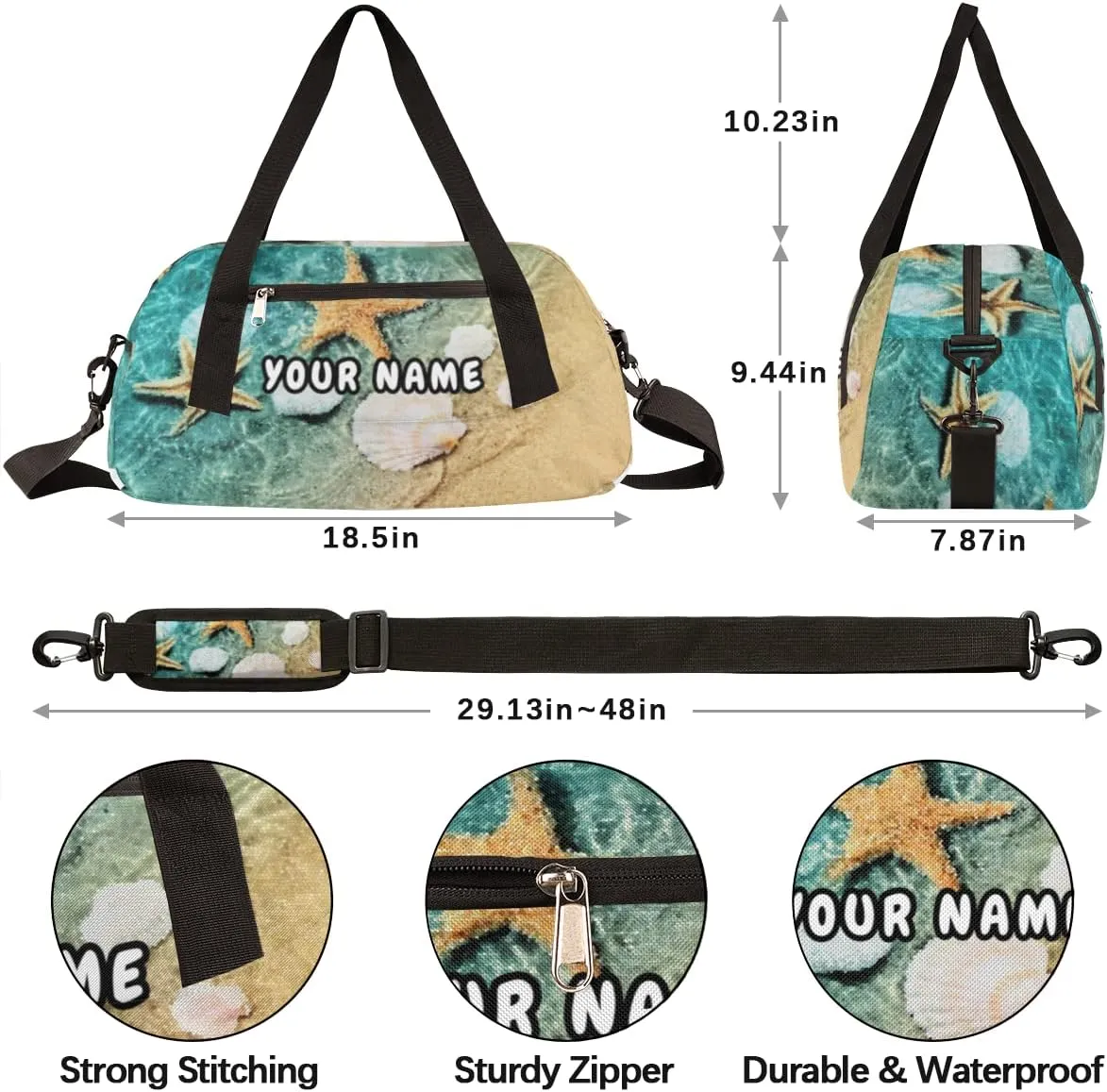 Starfish Seashell Personalized Kids Duffel Bag for Girls Boys, Beach Customized Name Dance Bag Overnight Small Duffel Bag Carry On Weekend Travel Bag for School Practice Gymnastics Ballet