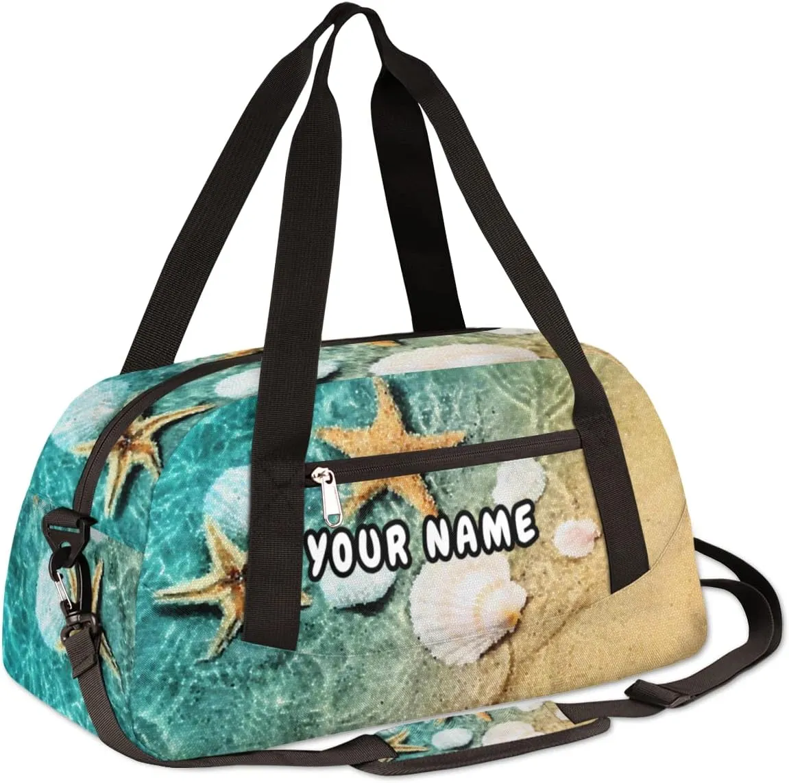Starfish Seashell Personalized Kids Duffel Bag for Girls Boys, Beach Customized Name Dance Bag Overnight Small Duffel Bag Carry On Weekend Travel Bag for School Practice Gymnastics Ballet