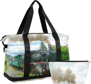 Steam Train with Smoke Green Grass Trees Country View Gym Duffel Bag, Polyester Travel Weekender Luggage Handbag with Waterproof Pocket for Wet Items, Unisex Foldable Tote for Sports