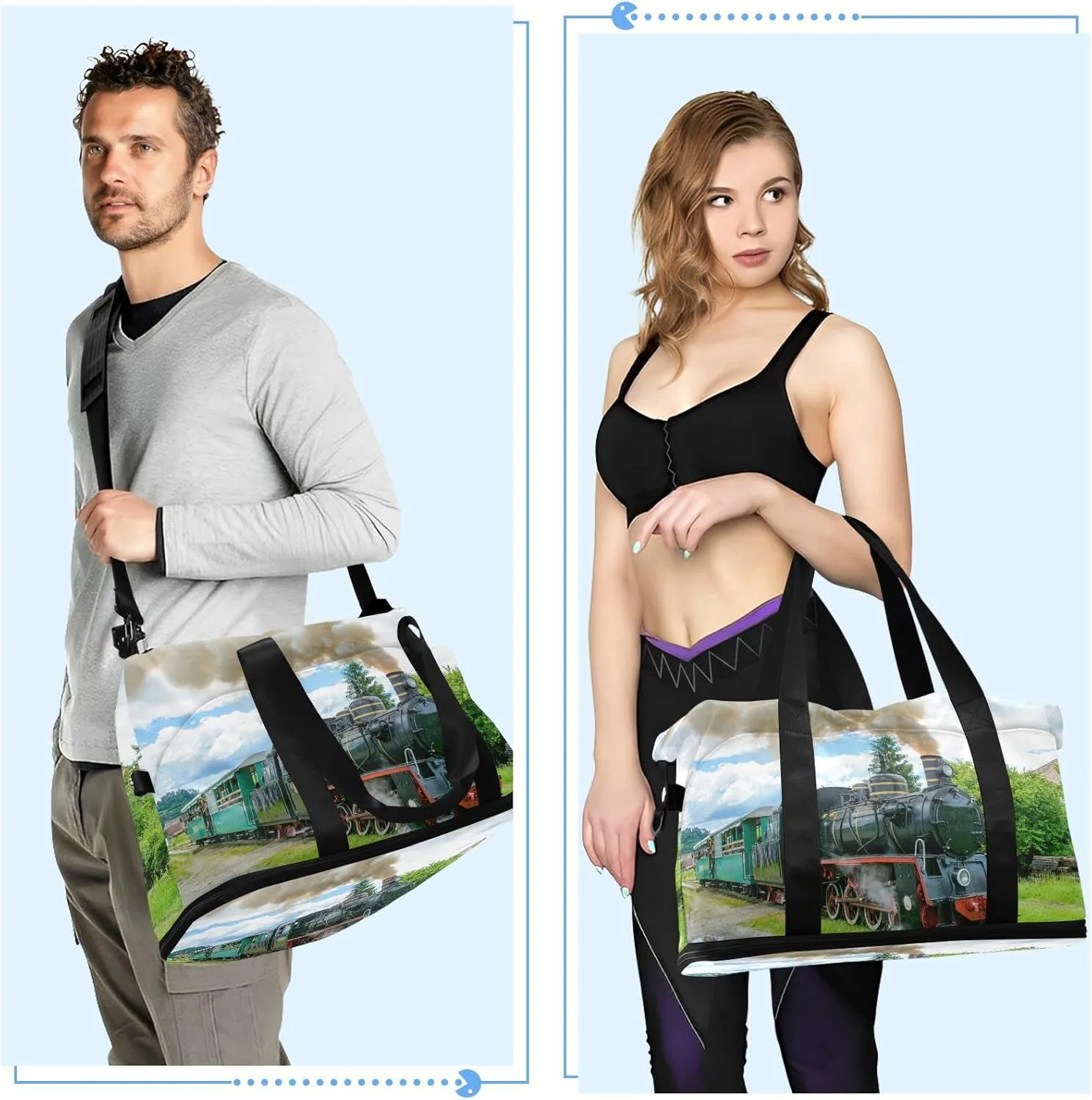 Steam Train with Smoke Green Grass Trees Country View Gym Duffel Bag, Polyester Travel Weekender Luggage Handbag with Waterproof Pocket for Wet Items, Unisex Foldable Tote for Sports