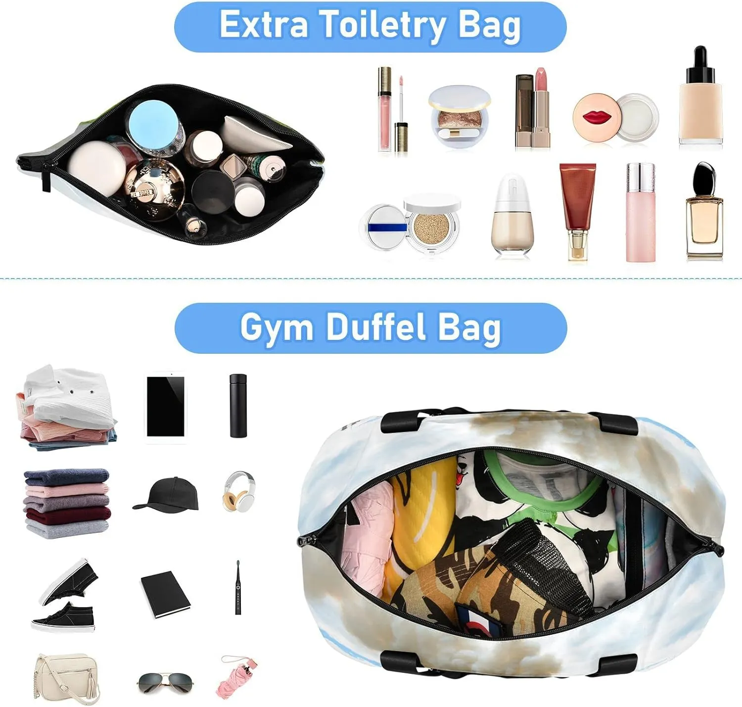 Steam Train with Smoke Green Grass Trees Country View Gym Duffel Bag, Polyester Travel Weekender Luggage Handbag with Waterproof Pocket for Wet Items, Unisex Foldable Tote for Sports