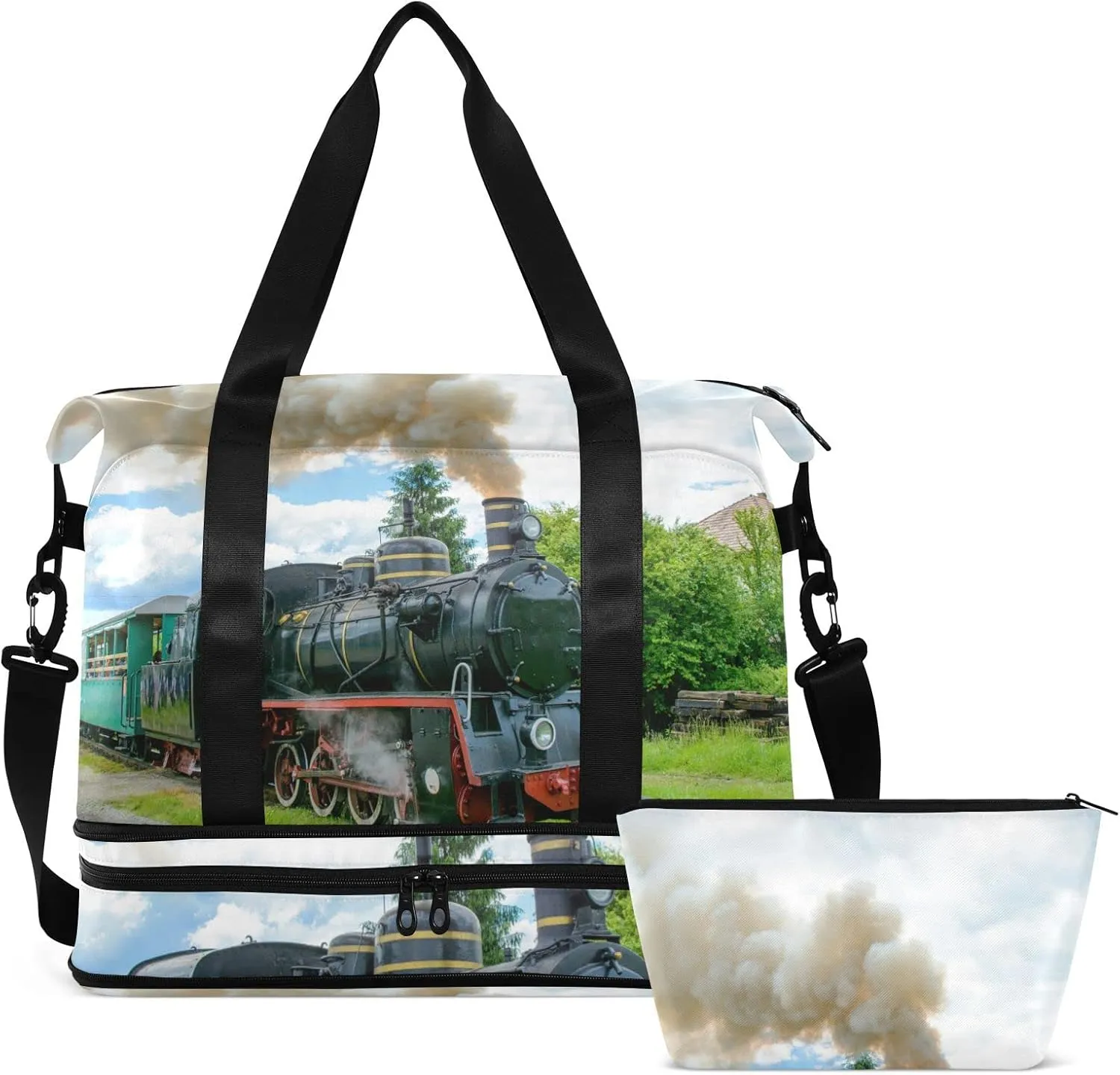 Steam Train with Smoke Green Grass Trees Country View Gym Duffel Bag, Polyester Travel Weekender Luggage Handbag with Waterproof Pocket for Wet Items, Unisex Foldable Tote for Sports