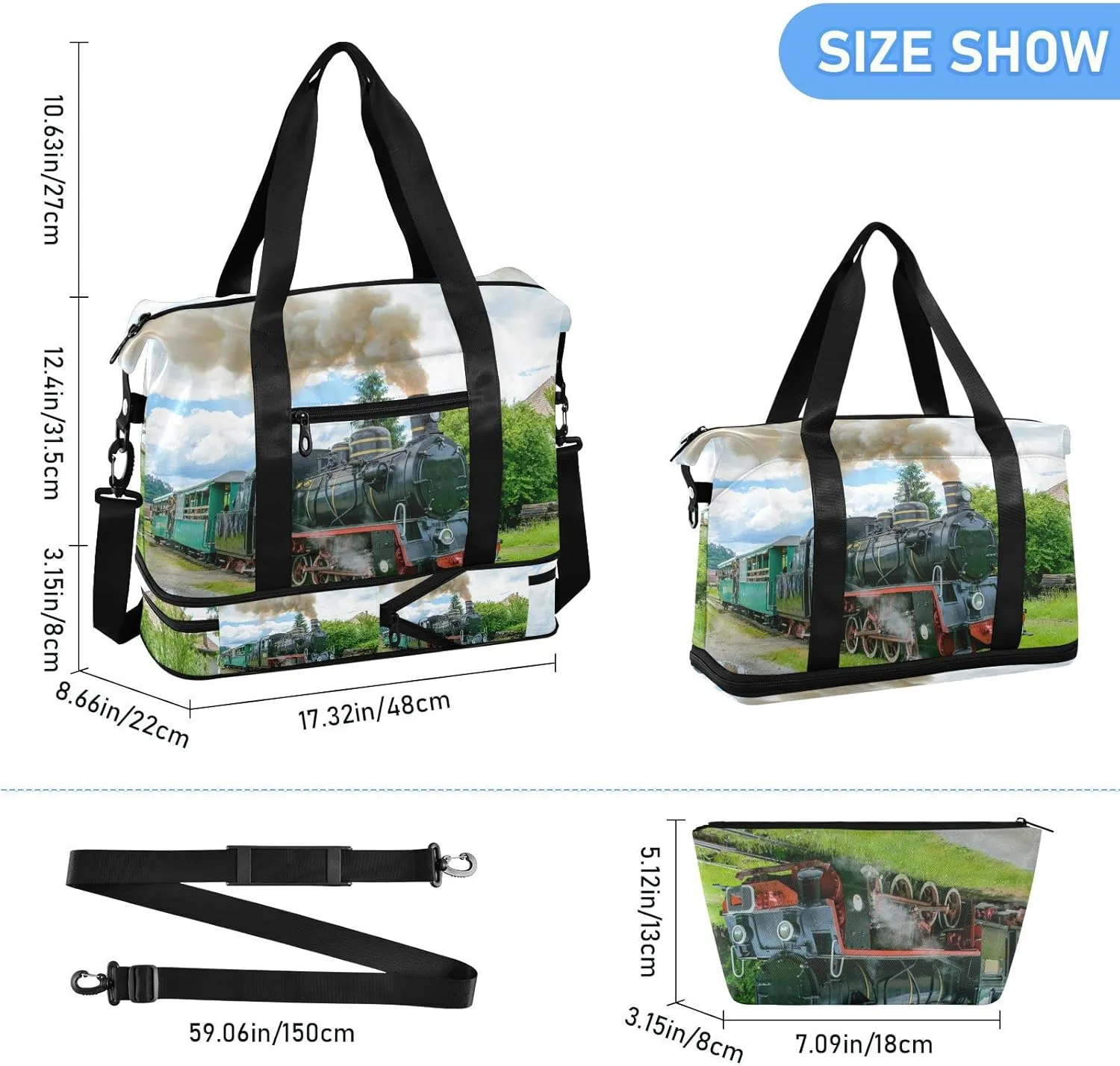 Steam Train with Smoke Green Grass Trees Country View Gym Duffel Bag, Polyester Travel Weekender Luggage Handbag with Waterproof Pocket for Wet Items, Unisex Foldable Tote for Sports