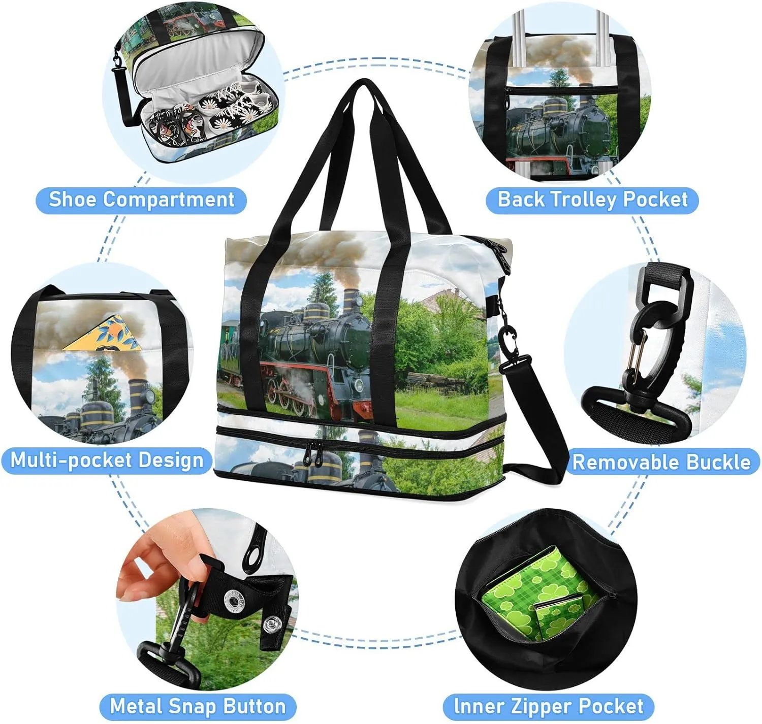 Steam Train with Smoke Green Grass Trees Country View Gym Duffel Bag, Polyester Travel Weekender Luggage Handbag with Waterproof Pocket for Wet Items, Unisex Foldable Tote for Sports