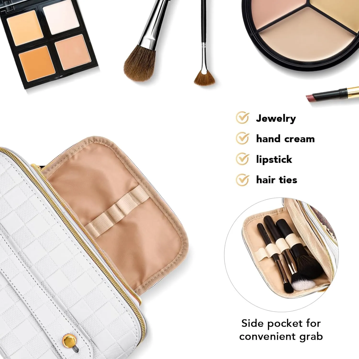 stona Travel Makeup Bag for Women, Large Capacity PU Leather Waterproof Checkered Cosmetic Bags, Portable Pouch Open Flat Toiletry Bag, Make up Organizer with Divider and Handle, White