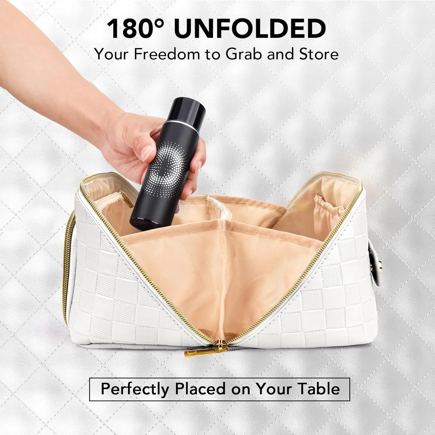 stona Travel Makeup Bag for Women, Large Capacity PU Leather Waterproof Checkered Cosmetic Bags, Portable Pouch Open Flat Toiletry Bag, Make up Organizer with Divider and Handle, White