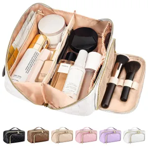 stona Travel Makeup Bag for Women, Large Capacity PU Leather Waterproof Checkered Cosmetic Bags, Portable Pouch Open Flat Toiletry Bag, Make up Organizer with Divider and Handle, White