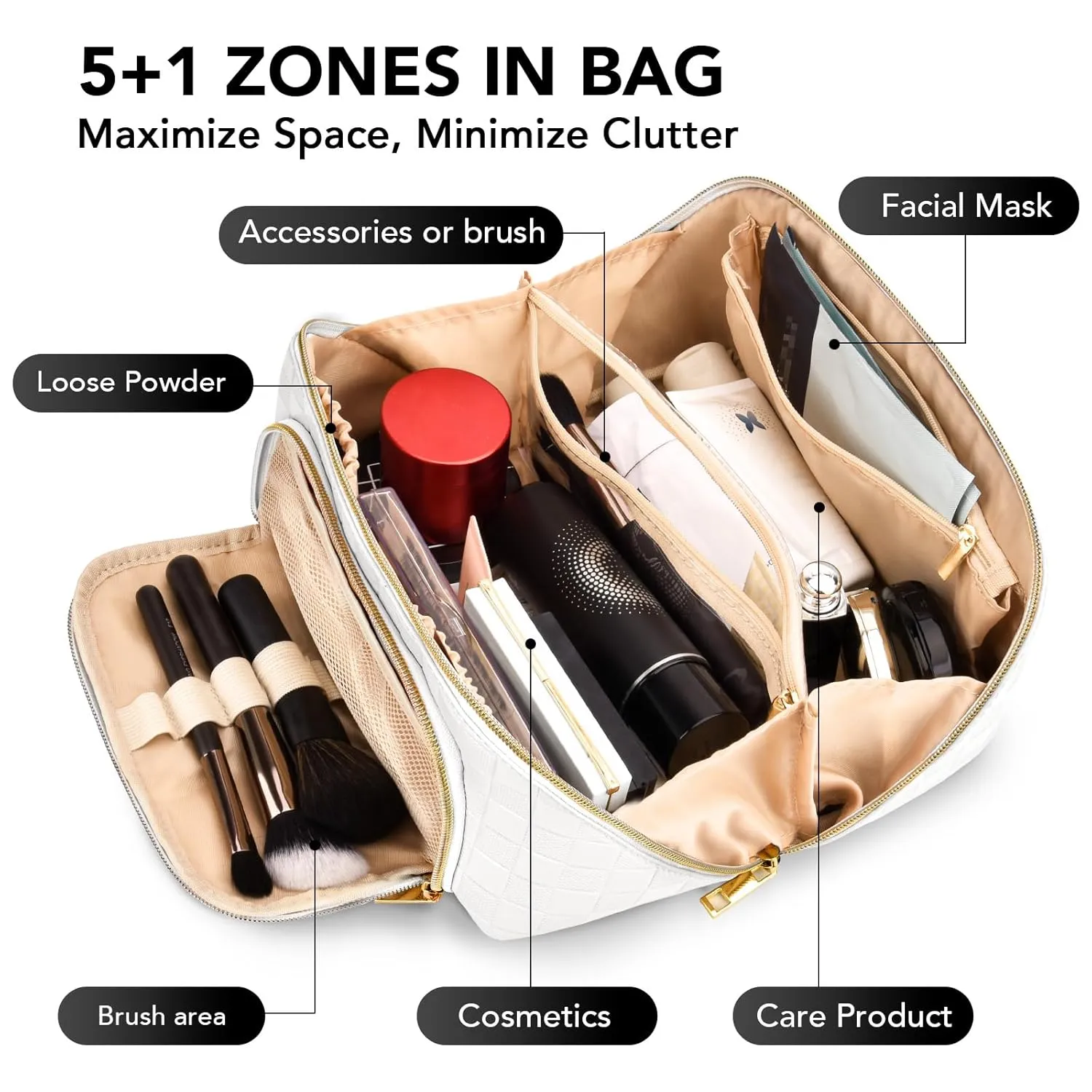 stona Travel Makeup Bag for Women, Large Capacity PU Leather Waterproof Checkered Cosmetic Bags, Portable Pouch Open Flat Toiletry Bag, Make up Organizer with Divider and Handle, White