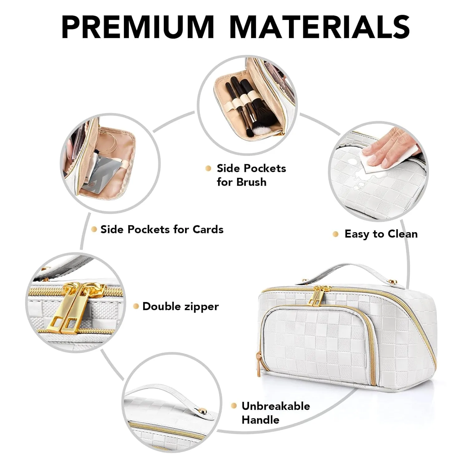 stona Travel Makeup Bag for Women, Large Capacity PU Leather Waterproof Checkered Cosmetic Bags, Portable Pouch Open Flat Toiletry Bag, Make up Organizer with Divider and Handle, White