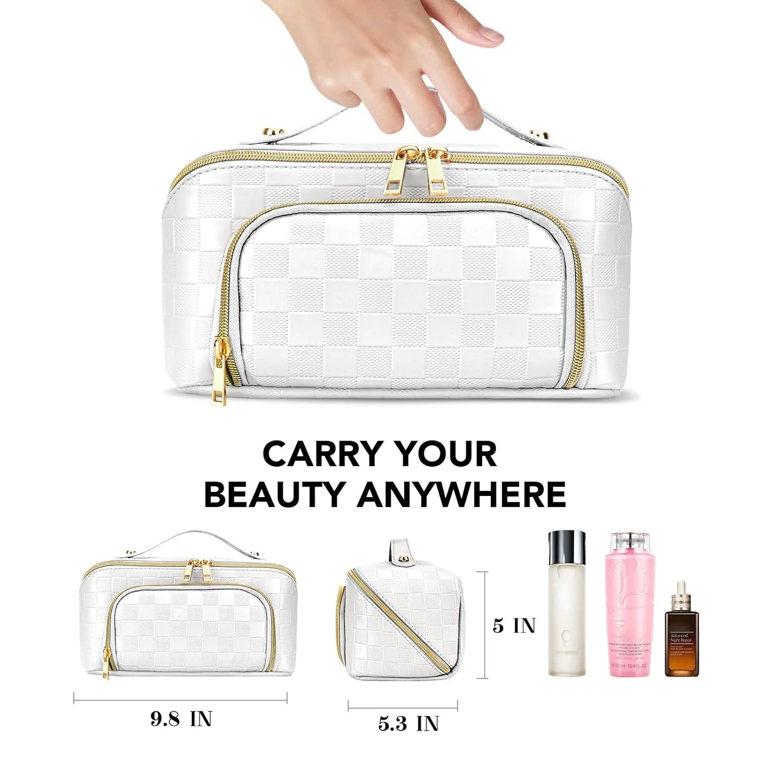 stona Travel Makeup Bag for Women, Large Capacity PU Leather Waterproof Checkered Cosmetic Bags, Portable Pouch Open Flat Toiletry Bag, Make up Organizer with Divider and Handle, White