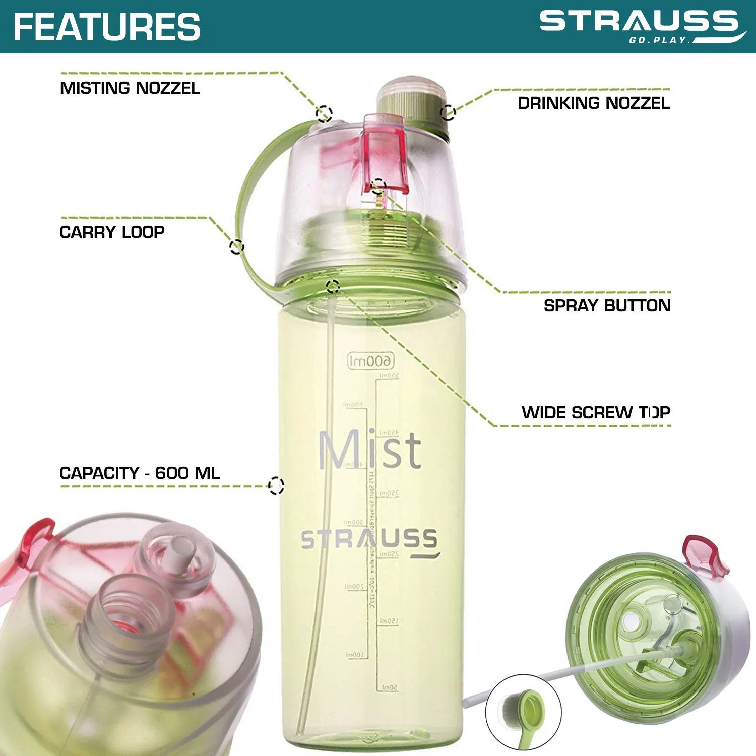 STRAUSS Water Mist Spray Bottle - 600ml | Leak Proof | Blue