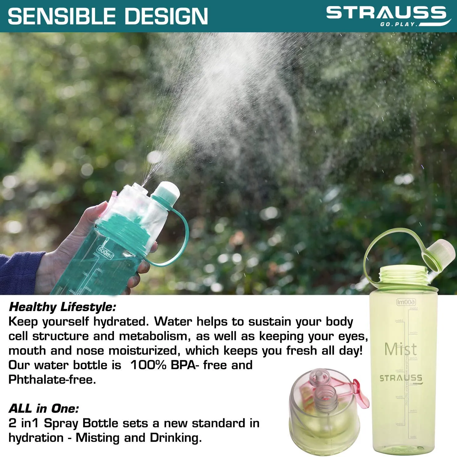 STRAUSS Water Mist Spray Bottle - 600ml | Leak Proof | Blue