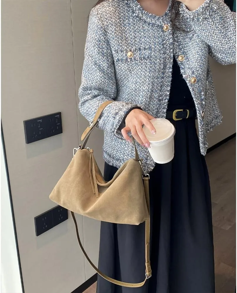 Suede Tote Bags for Women Genuine Leather Suede Purse Handbag Vintage Slouchy Hobo Shoulder Crossbody Bag