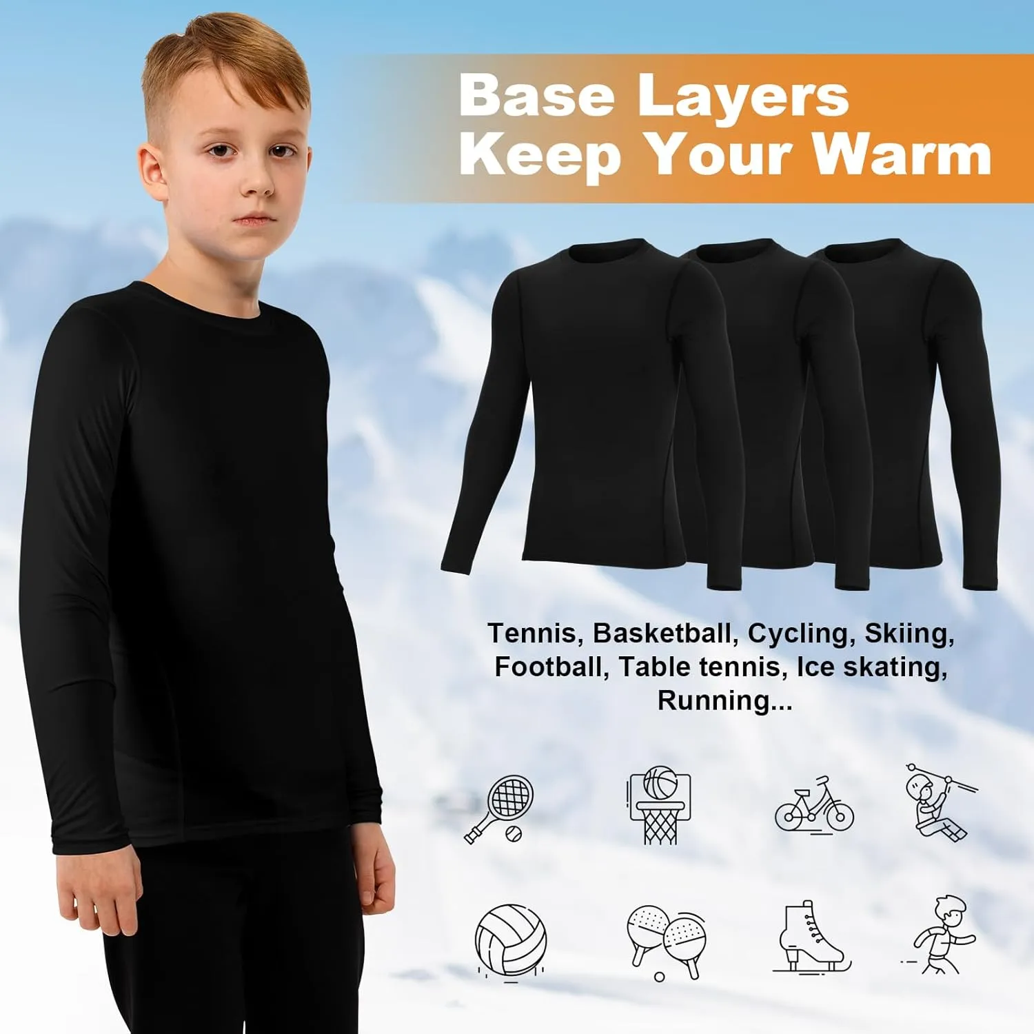Suhine 3 Pcs 5-14Y Youth Boys Thermal Compression Shirts Fleece Athletic Baselayer Long Sleeve Soccer Baseball Undershirt