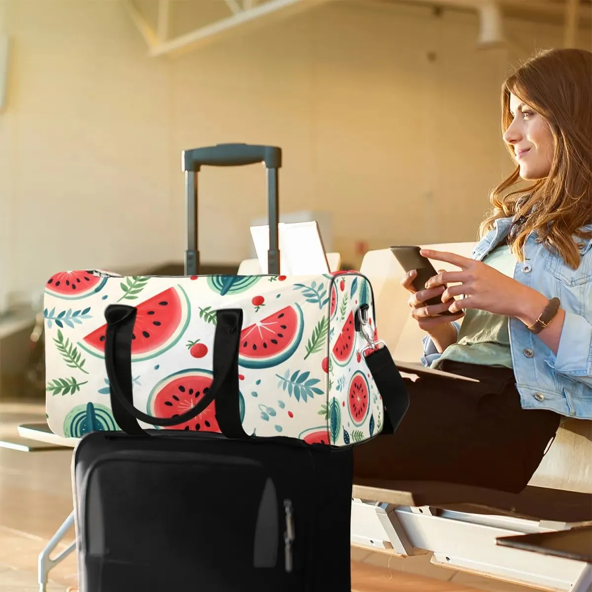 Summer Fruit Watermelon Travel Duffel Bag for Women Men Waterproof Foldable Overnight Weekender Bag Large Capacity Sports Gym Bag