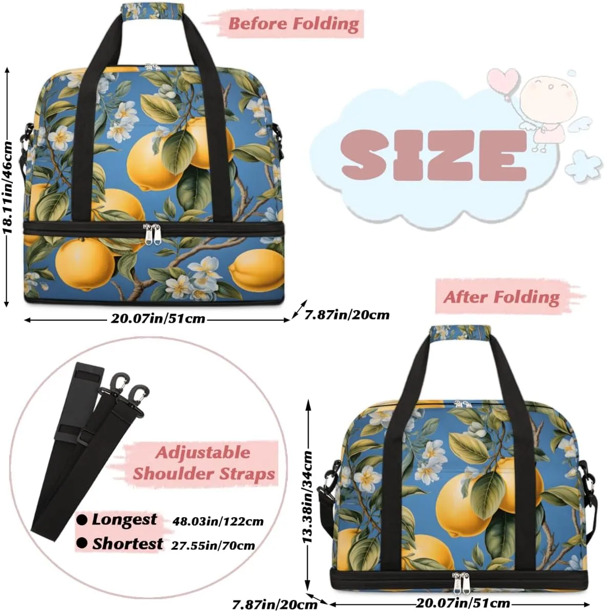 Summer Lemon Fruits Tree Foldable Travel Duffel Bag Overnight Weekender Bag with Shoes Compartment Sports Gym Bag for Men Women