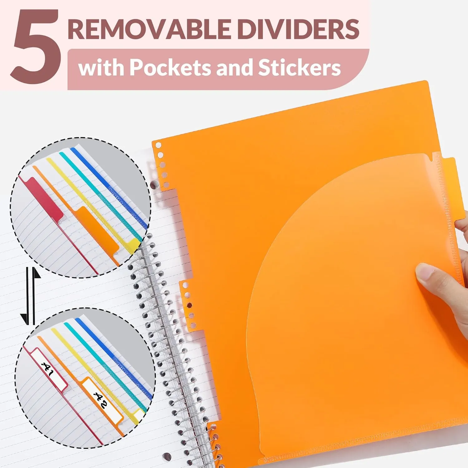 SUNEE 5 Subject Notebook College Ruled - 400 Pages, 9"x11", 5 Pocket Colored Dividers, 3-Hole Punched Paper, Pink