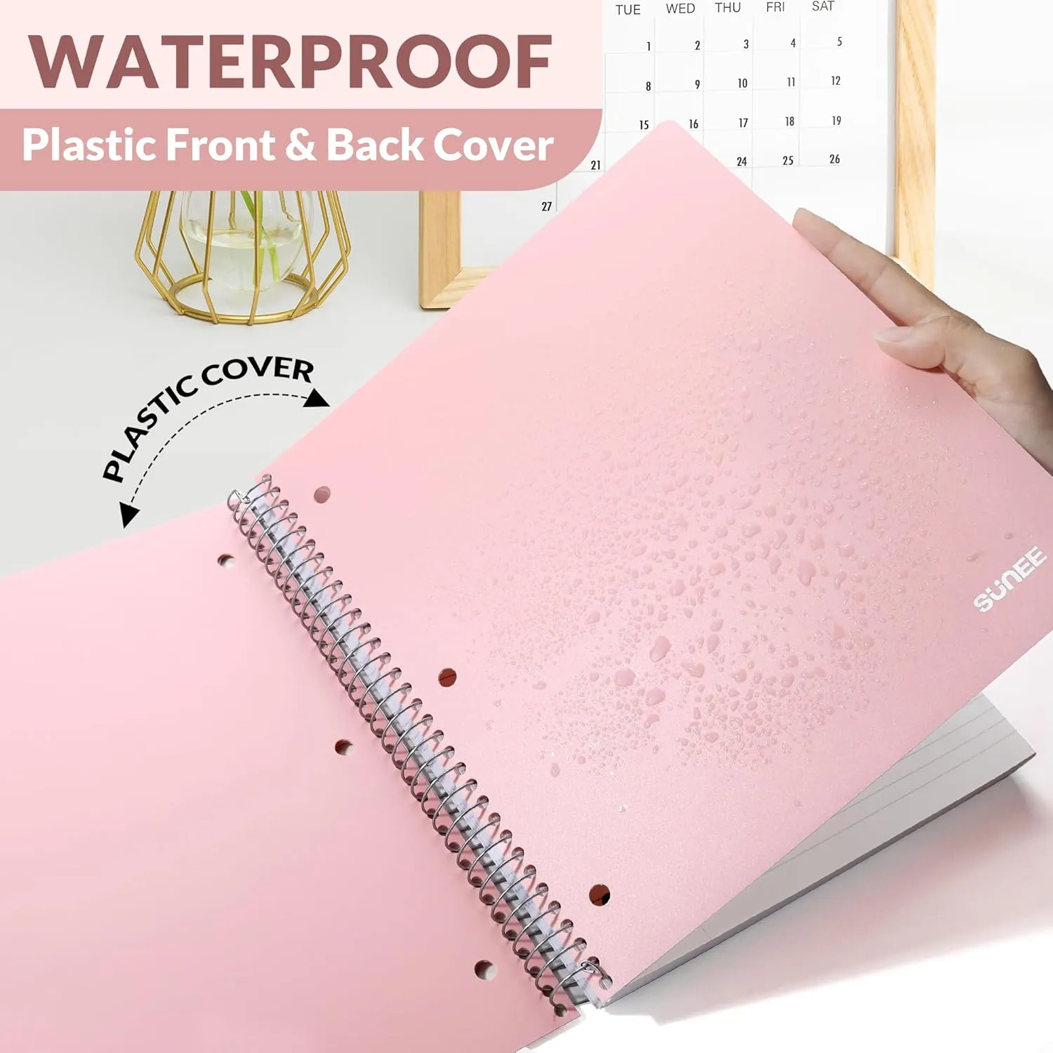 SUNEE 5 Subject Notebook College Ruled - 400 Pages, 9"x11", 5 Pocket Colored Dividers, 3-Hole Punched Paper, Pink